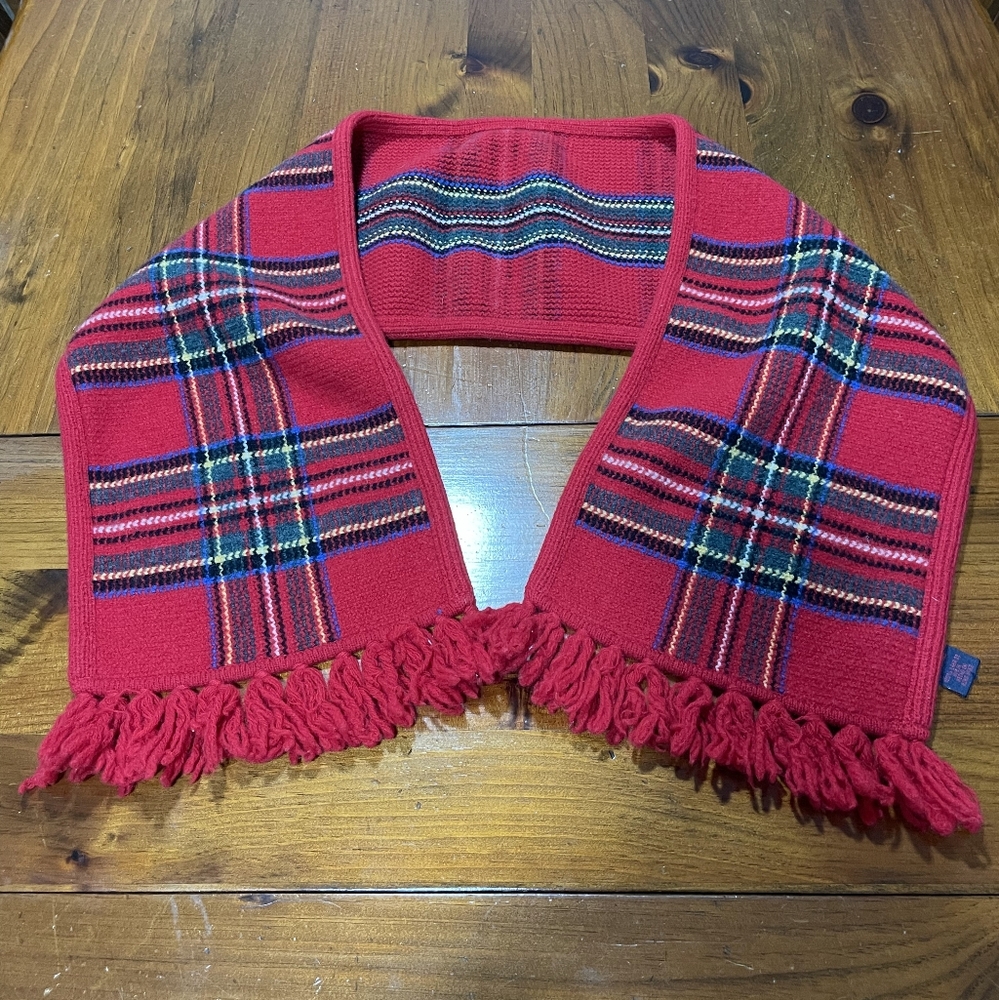 Ralph Lauren Vintage Tartan Green Blue Plaid Label Red Knit Fringe Scarf Wool